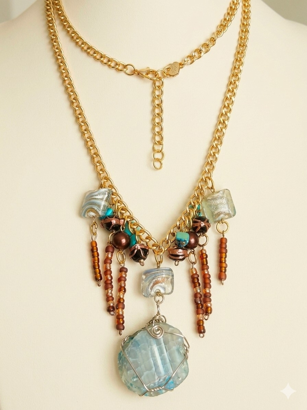 VTG Artisan Handmade Blue Raw Agate Wire-Wrap Lampwork Glass Fringe Bib Necklace
